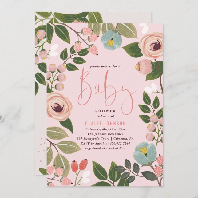 Painted Floral Baby Shower Invitation | Pink (Front/Back)