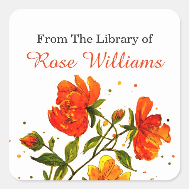 Painted Floral Bookplate From The Library Of Square Sticker (Front)