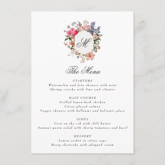 Painted Floral Calligraphy Monogram Crest Elegant Menu (Front)