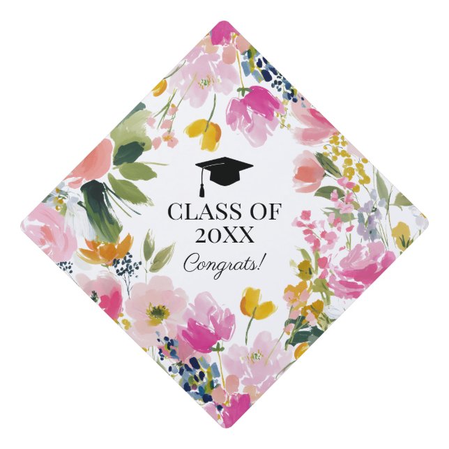 Painted Floral Class of 20xx Graduation Cap Topper (Front)