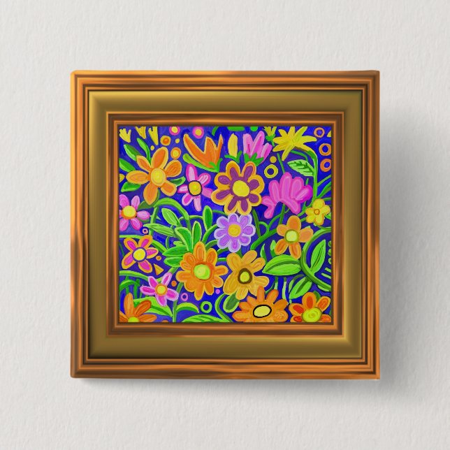 Painted Floral Composition (frame effect border) 2 Inch Square Button (Front)