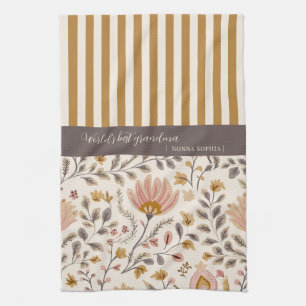 Painted Floral Folk Art and Stripe Kitchen Towel