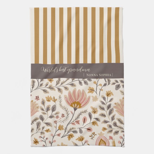 Painted Floral Folk Art and Stripe Kitchen Towel (Vertical)