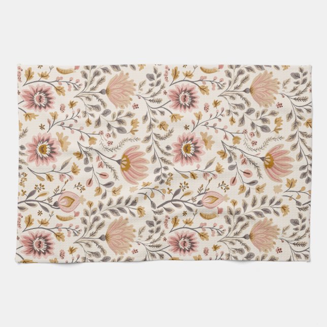 Painted Floral Folk Art Kitchen Towel (Horizontal)