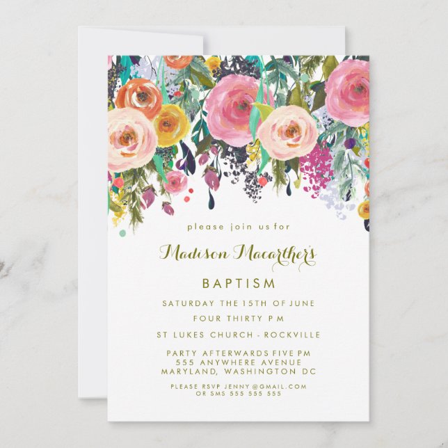 Painted Floral Girls Christening Baptism Invite (Front)