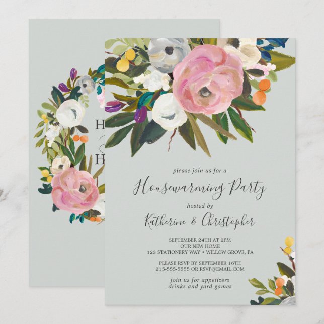 Painted Floral Housewarming Party Invitation (Front/Back)