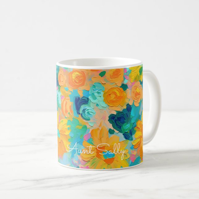 Painted Floral NAME Artisan Colourful Coffee Mug (Front Right)