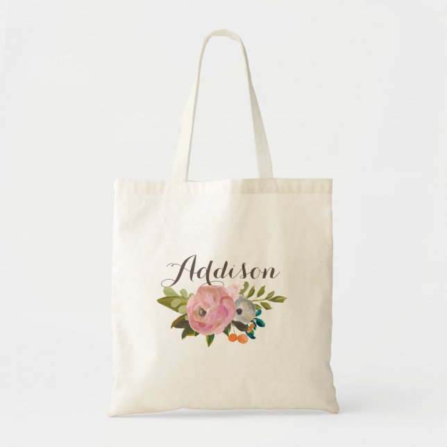 Painted Floral Personalized Girls Canvas Tote Bag (Front)