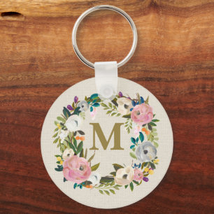 Painted Floral Personalized Monogram Canvas Bag Keychain