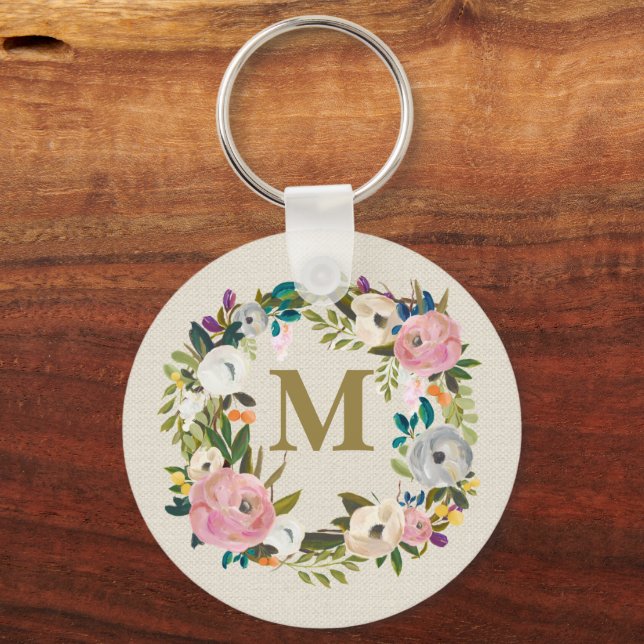 Painted Floral Personalized Monogram Canvas Bag Keychain (Front)