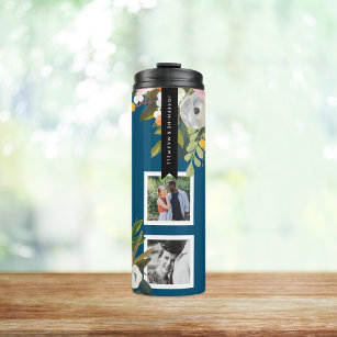Painted Floral Photo Collage Personalized Names Thermal Tumbler