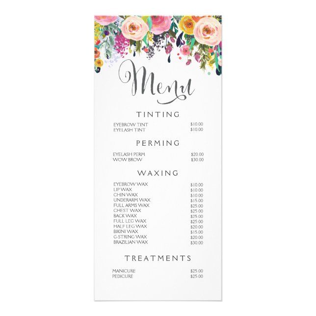 Painted Floral Salon Stylist Menu Price List (Front)