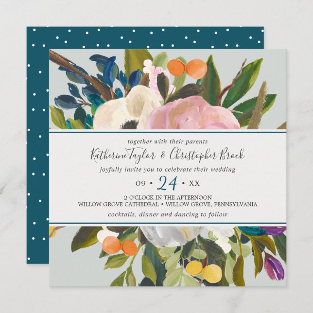 Painted Floral Square Wedding Invitation (Front/Back)