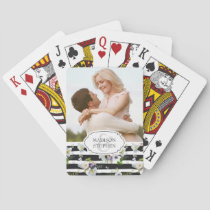 Painted Floral Striped Pattern - Wedding Photo Playing Cards