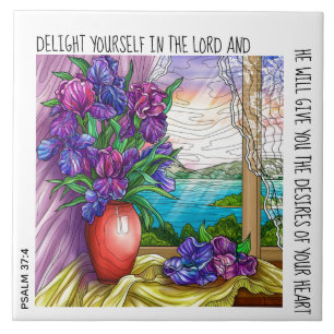 Painted floral & sunrise, w/ verse from Psalm 37:4 Tile