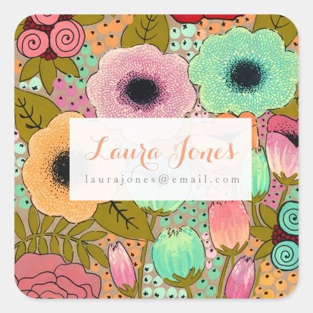 Painted Floral This Belongs To Personalized Square Sticker (Front)