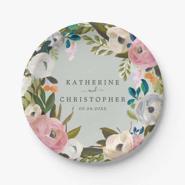 Painted Floral Wedding Cake Paper Plate (Front)