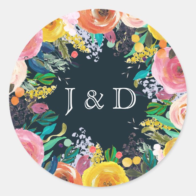 Painted Floral Wreath Circle Initials Custom Label (Front)