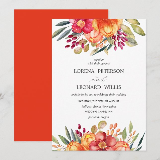 Painted Flower Modern ELEGANT Rustic Orange Invitation (Front/Back)