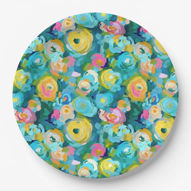 Painted Flowers Art Colourful Summer Floral Fun Paper Plate (Front)