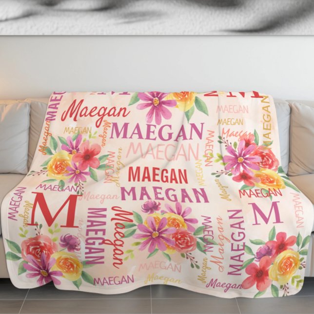 Painted Flowers Collage Name Fleece Blanket (Creator Uploaded)