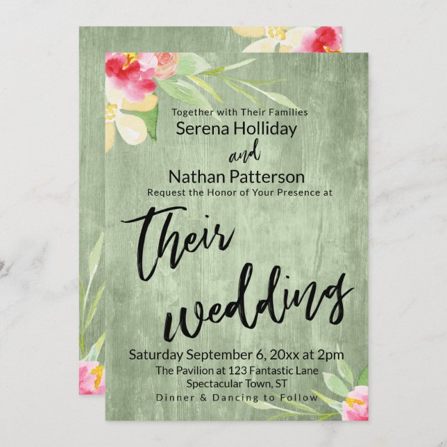 Painted Flowers Green Wood Casual Wedding Script Invitation (Front/Back)