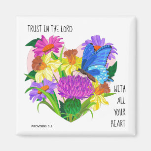 Painted flowers in Heart, Verse from Proverbs 3:5 Magnet