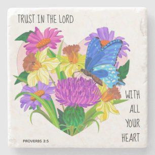 Painted flowers in Heart, Verse from Proverbs 3:5 Stone Coaster