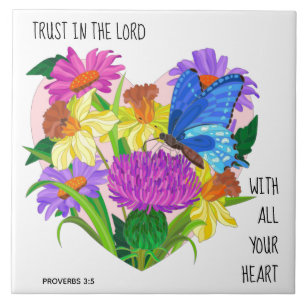 Painted flowers in Heart,  Verse from Proverbs 3:5 Tile