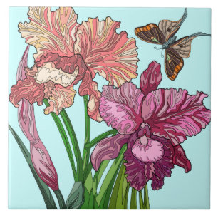 Painted Flowers, iris and butterfly on mint Tile