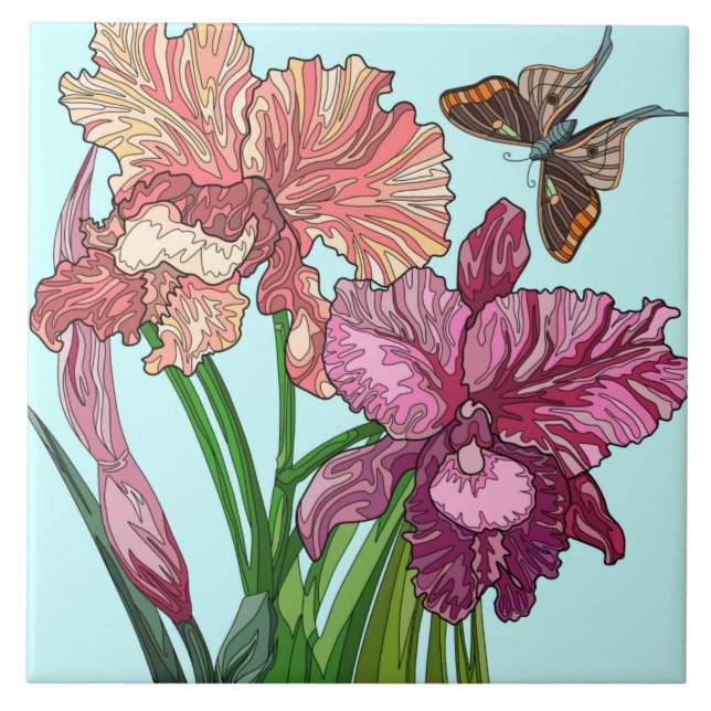 Painted Flowers, iris and butterfly on mint Tile (Front)