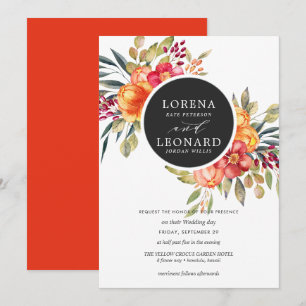 Painted flowers monogram wreath wedding orange invitation