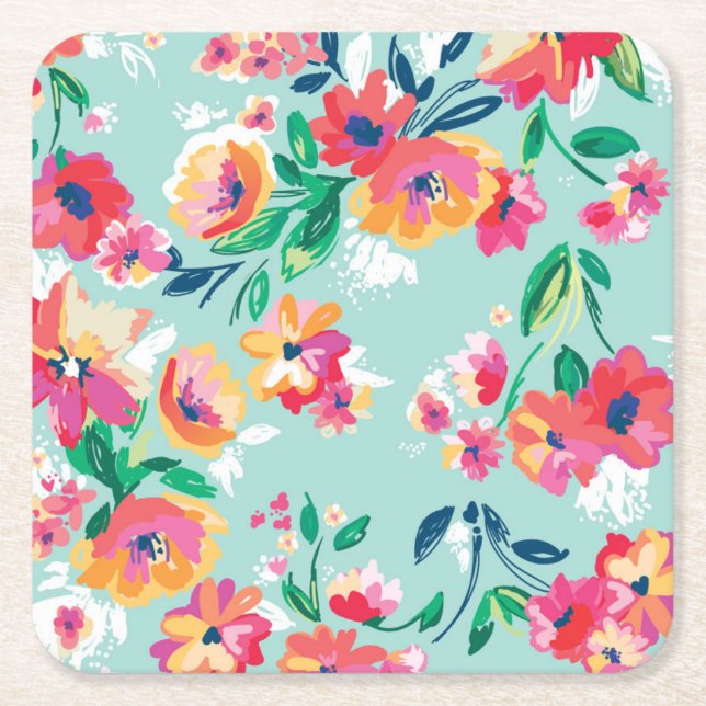 Painted Flowers Pattern Square Paper Coaster (Front)