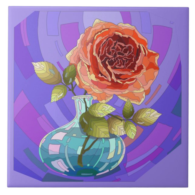 Painted flowers, pink rose in vase tile (Front)
