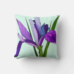 Painted Flowers, pretty purple iris on mint Throw Pillow