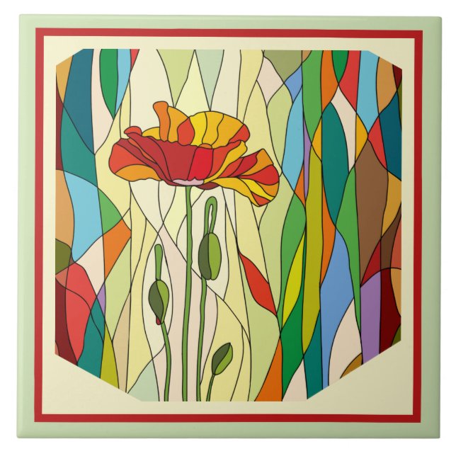 Painted Flowers, Stained Glass Look Tile (Front)
