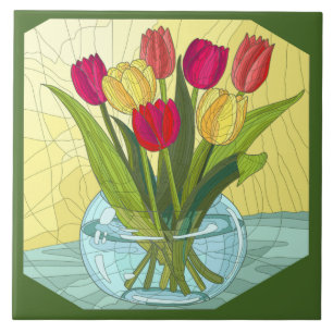 Painted flowers, vase of tulips tile