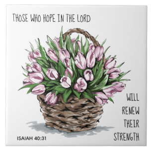 Painted flowers, verse from Isaiah 40:31 Tile