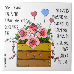 Painted flowers, verse from Jeremiah 29:11 Tile