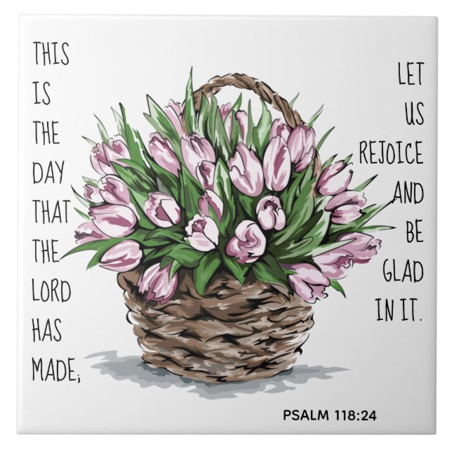 Painted flowers, verse from Psalm 118:24 Tile (Front)