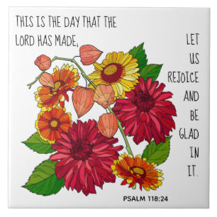 Painted flowers, verse from Psalm 118:24 Tile