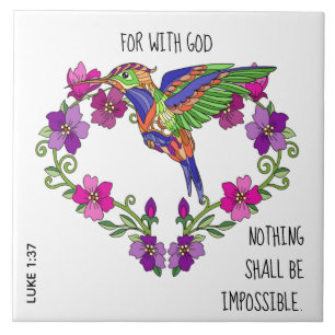 Painted flowers, w verse from Luke 1:37 Tile
