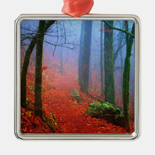 Painted Forest Autumn Blue Fog Metal Ornament (Front)
