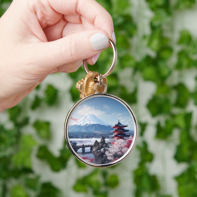 Painted Fuji mountain in cherry blossom season  Keychain (Hand)