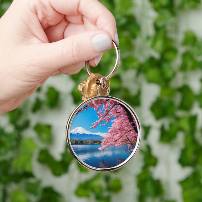 Painted Fuji mountain in cherry blossom season  Keychain (Hand)
