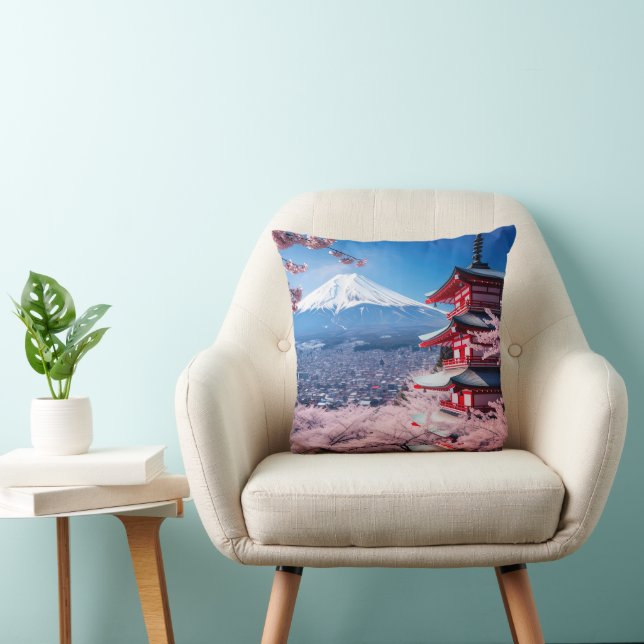 Painted Fuji mountain in cherry blossom season  Throw Pillow (Chair)