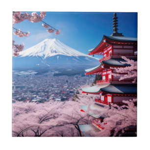 Painted Fuji mountain in cherry blossom season  Tile