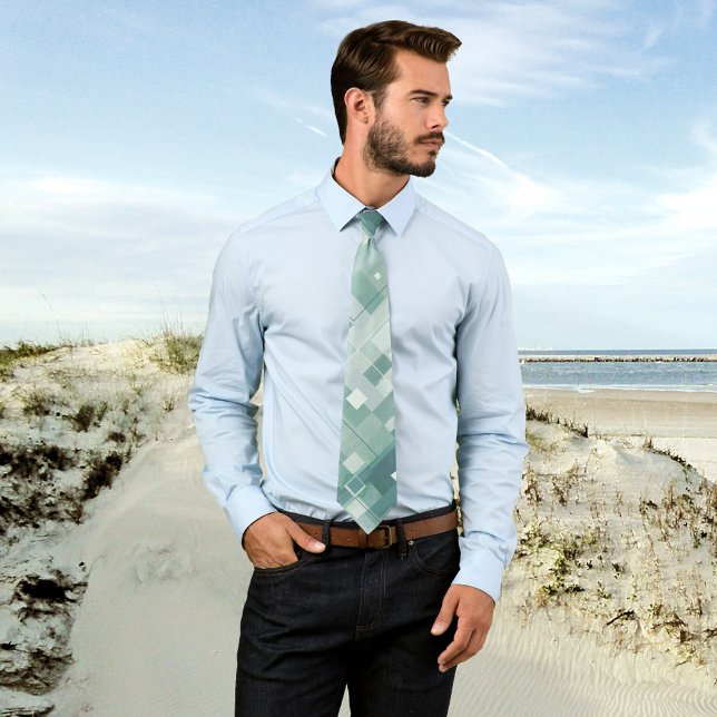 Painted Geometric Pale and Sage Green Pattern Tie (A modern tie featuring a painted abstract geometric design in pale and sage green)