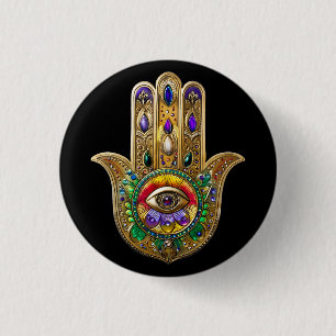 Painted Gold Hamsa Amethyst Ruby Third Eye 1 Inch Round Button