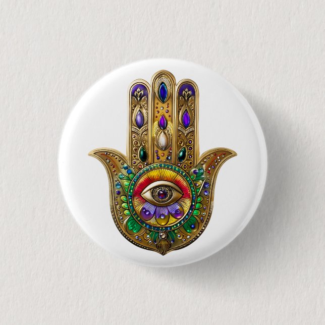 Painted Gold Hamsa Amethyst Ruby Third Eye 1 Inch Round Button (Front)